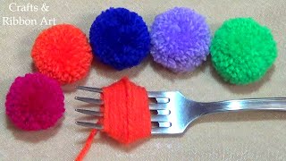 Super Easy Pom Pom Making Ideas with Fork  Hand Embroidery Amazing Trick Easy Woolen Flower Making [upl. by Caves902]