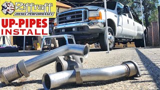 2001 F350 73  RiffRaff UpPipes Install  Stock up pipes leaking and falling apart JUNK SP [upl. by Airlia]